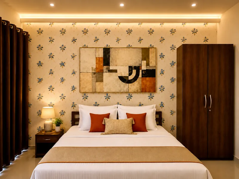 Nahor Suite bedroom with king bed and patterned feature wall