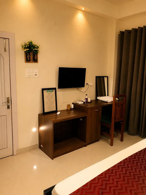 Nahor Suite bedroom with desk, mirror and wall-mounted TV